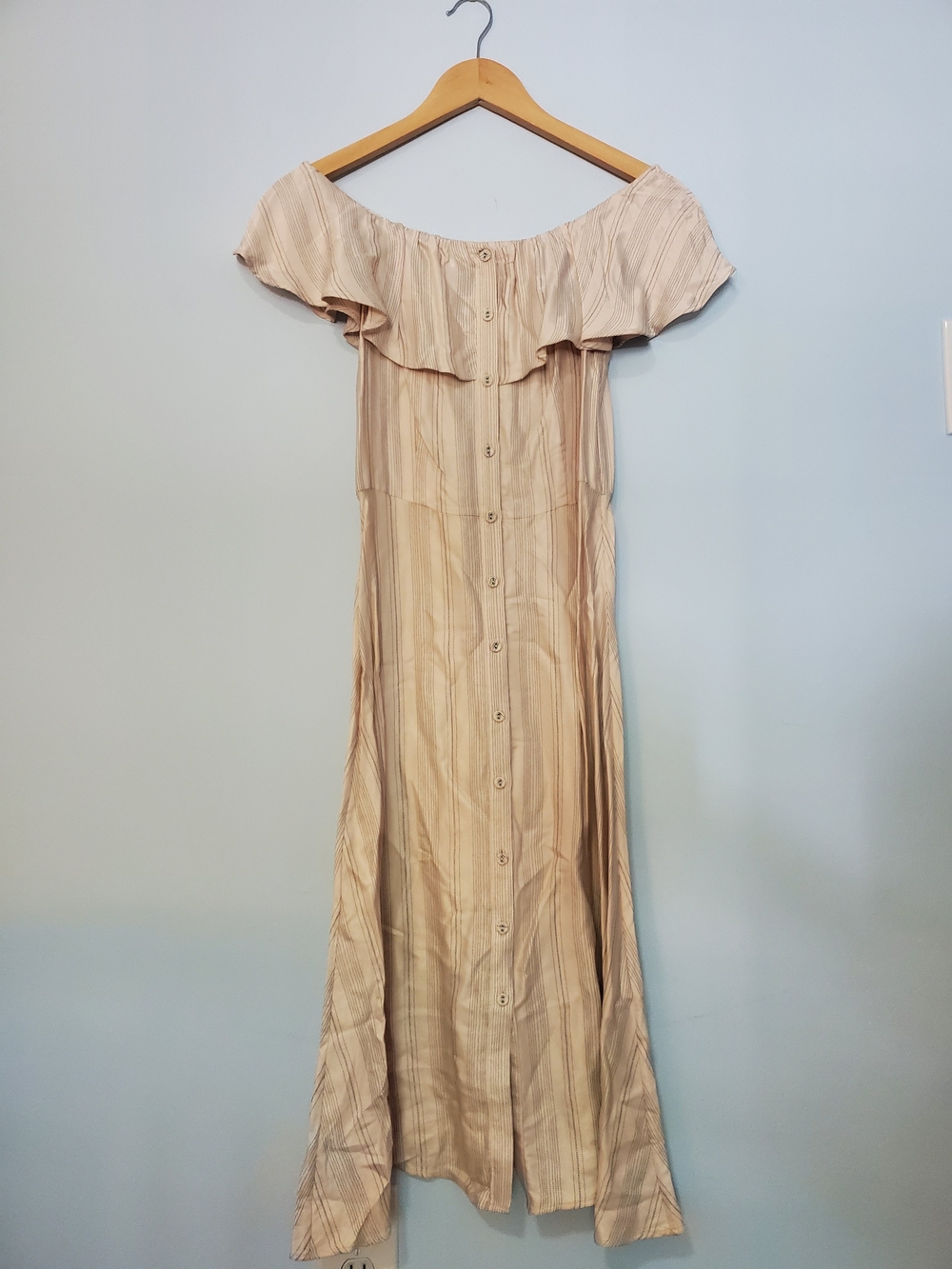 H&M Ruffle Elastic Off-Shoulder Button-Front Midi Dress in Cream Stripe